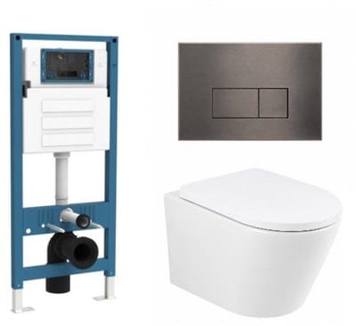 QeramiQ Dely Toiletset - inbouwreservoir Qeramiq Flush - 35mm zitting - metaal gunmetal bedieningsplaat - rechthoekige knoppen - glans wit