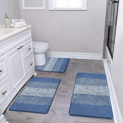 Famanu - Microfiber 3-delige badmat sets antislip badtapijten en voetstuk matten voor badkamer wasbaar absorberend badkamer vloer tapijt toilettapijt, blauw