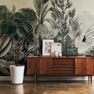 Fotobehang Profhome 382351-GU vliesbehang hardvinyl warmdruk in reliëf glad in jungle stijl mat grijs beige zwart 3,71 m x 2,8 m