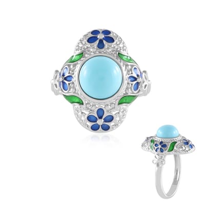 Cavill - Verstelbare Ring - 925 Sterling Zilver Geplatineerd - 1 575 ct Sleeping Beauty Turkoois Blauw Groen - Vintage Bloemen