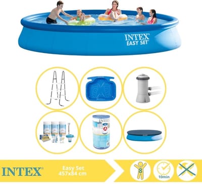 Intex Rond Opblaasbaar Easy Set Zwembad - 457 x 84 cm - Blauw - Inclusief Pomp - Afdekzeil - Onderhoudspakket - Filter - Ladder - Voetenbad - 7-delig