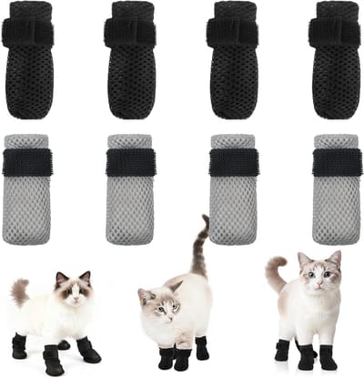 Verstelbare kattenschoenen van netstof - 8 stuks anti-kras kattensokken voor kattenpootbescherming, klauwbescherming en nagelknippen (grijs, M)