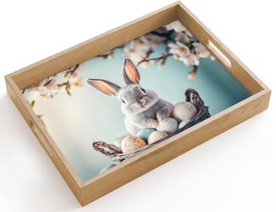 Dienblad hout 40x30 cm - Schootdienblad - Konijn - Eieren - Mand - Borrelplank rechthoek - Plateau dienbladen