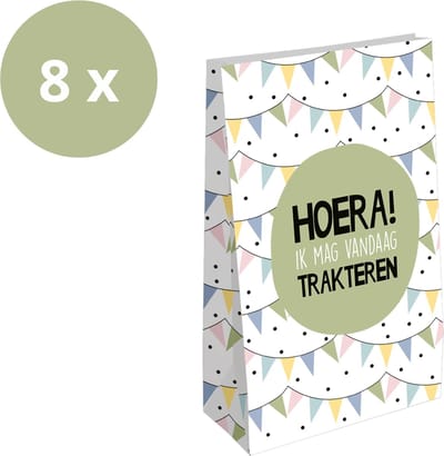 8 x Traktatie Uitdeelzakjes | Stevige Papieren Blokbodemzakjes | Trakteren Verjaardag | 9 x 5 x 16 cm