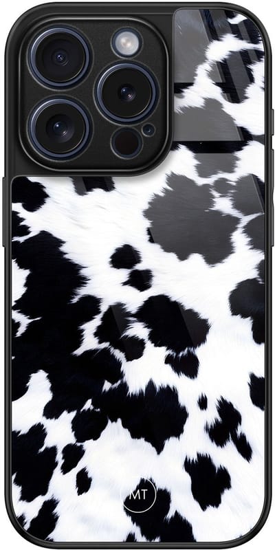 Hoesje geschikt voor iPhone 15 Pro - Koeienprint - Luxe Hard Case - Print - Zwart, Wit - Mooie Telefoonhoesjes