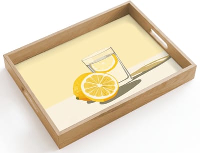 Dienblad hout 40x30 cm - Schootdienblad - Glas - Citroenschijfjes - Geel - Borrelplank rechthoek - Plateau dienbladen