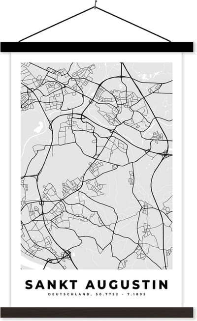 Posterhanger incl. Poster 40x60 cm - Schoolplaat - Stadskaart - Sankt Augustin - Plattegrond - Kaart - Duitsland - Textielposter - Zwarte latten - Stadskaart