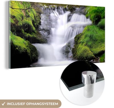 MuchoWow® Glasschilderij 40x20 cm - Schilderij acrylglas - Water - Natuur - Waterval - Foto op glas - Schilderijen