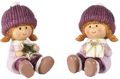 Dekoratief | Winterkindje zittend m/ster, lila/paars, resina, 5x5x7cm, set van 2 stuks | A255253