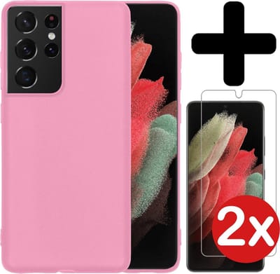 Hoesje - Met 2x Screenprotector - Geschikt voor Samsung Galaxy S21 Ultra - Sterk & Shockproof - Telefoon Hoes - Back Cover - Siliconen Case - Telefoonhoes - Lichtroze