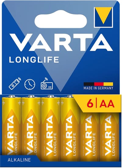 6 stuks 1,5 V LR6 AA Varta Longlife alkalinebatterijen in blisterverpakking