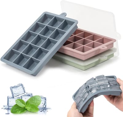 3-Delige Siliconen IJsblokjesvorm met Deksel, 15 Compartimenten voor Grote IJsblokjes, Perfect voor Whisky, Cocktails en Babyvoeding - Vaatwasserbestendig en BPA-vrij