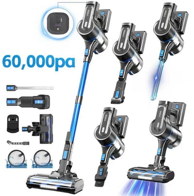 Grenintol 6-in-1 Steelstofzuiger Draadloos – Steelstofzuiger – 60.000 Pa – 2500 mAh Accu – Draadloze Stofzuiger - Accu tot 60 Minuten – Stofzuiger zonder Zak 1,2 L Stofbak – Stofzuiger Draadloos met LED Licht – Voor Tapijten en Harde Vloer – Blauw