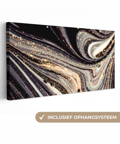 Canvas schilderij 40x20 cm - Wanddecoratie Marmerlook - Zwart - Goud - Wit - Glitter - Marmer - Muurdecoratie woonkamer - Slaapkamer decoratie - Kamer accessoires - Schilderijen op canvas