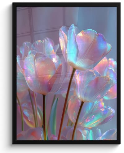 Poster in lijst - Fotolijst 50x70 cm - Posters - Tulpen - Glazen - Bloemblaadjes - Pasteltinten - Posterlijst zwart - Decoratie - Wanddecoratie woonkamer - Muurdecoratie slaapkamer