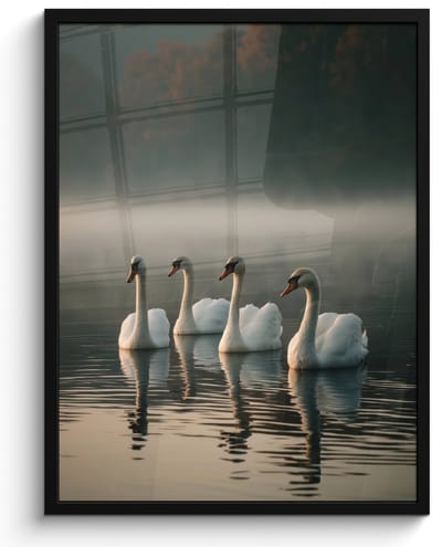 Poster in lijst - Fotolijst 50x70 cm - Posters - Zwanen - Wit - Water - Mist - Posterlijst zwart - Decoratie - Wanddecoratie woonkamer - Muurdecoratie slaapkamer