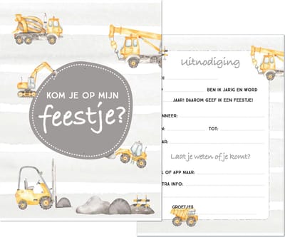 Koestert - uitnodiging kinderfeestje - uitnodiging kinderfeestje jongen - uitnodiging kinderfeestje meisje - uitnodigingskaarten - uitnodiging verjaardag - bouw - 10 stuks