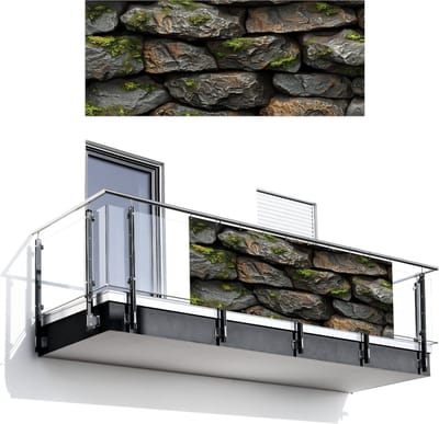 Balkonscherm 300x120 cm - Balkonposter Stenen - Mos - Grijs - Groen - Balkon scherm decoratie - Balkonschermen - Balkondoek zonnescherm