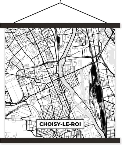 Posterhanger incl. Poster 60x60 cm - Schoolplaat - Kaart - Plattegrond - Frankrijk - Stadskaart - Choisy-le-Roi - Zwart wit - Textielposter - Zwarte latten - Stadskaart
