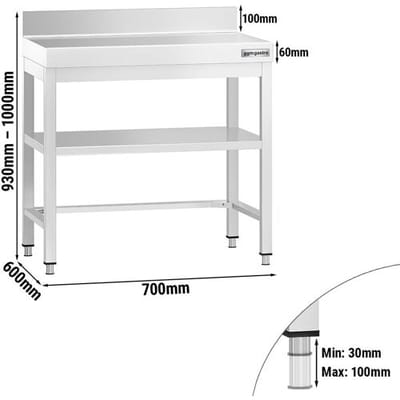 GGM Gastro Edelstahl Arbeitstisch PREMIUM - 700x600mm - mit Grundboden, Aufkantung & Verstrebung Zilver