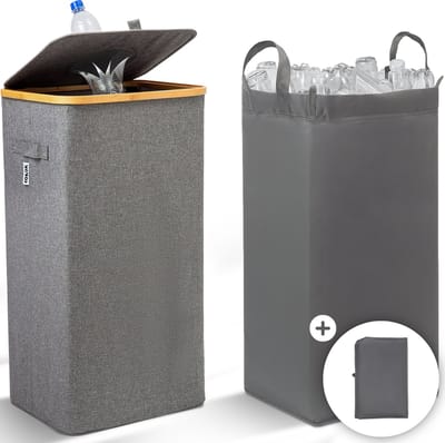 NOVOB® Statiegeld Container met Wasbare Flessentas - 100L - Met Deksel en Extra Flessentas - Prullenbak voor Lege Flessen en Blikjes - Afvalbak | Grijs