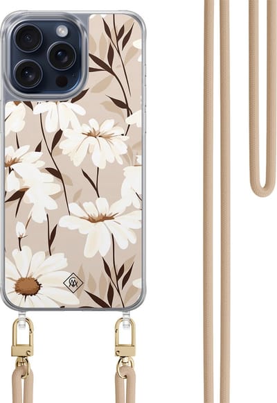 Casimoda® hoesje met beige koord - Geschikt voor iPhone 15 Pro Max - In Bloom - Afneembaar koord - TPU/polycarbonaat - Bruin/beige