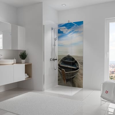 Schulte achterwand - Foto - oude boot strand - 90x210 - zelf inkortbaar en zelfklevend - wanddecoratie - muurdecoratie - badkamer wandpanelen - muurbekleding