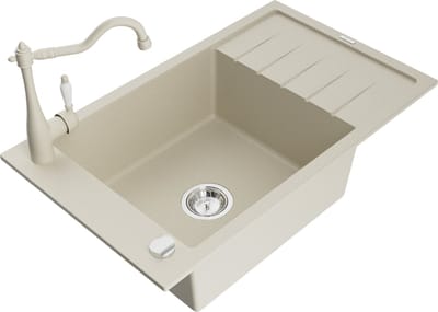 Mexen Elias granieten spoelbak 1-komers met afdruiprek en keukenmengkraan Carla, beige - 6511-69-670700-69