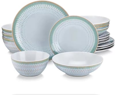 Amaranta Serviesset - 16 delig - 4 persoons - Wit/Groene rand - Dinerborden - Bordenset - Diepe borden - Ontbijtborden - Servies - Keukenservies