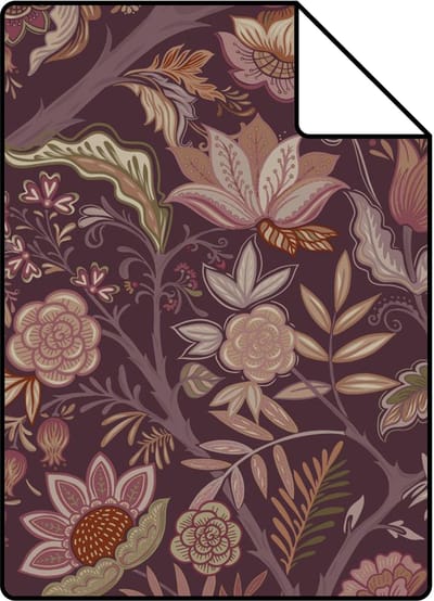 Proefstaal ESTAhome behang vintage bloemen aubergine paars - 26.5 x 21 cm - 131336-S