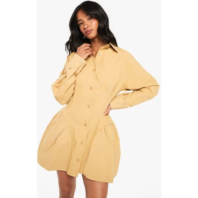 boohoo Dames Petite Poplin Overhemdjurk met Volumineuze Zoom | Khaki | Maat: 6