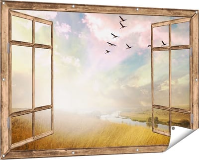 Gards Tuinposter Doorkijk Groep Vogels Vliegen Boven het Gras - 150x100 cm - Tuindoek - Tuindecoratie - Wanddecoratie buiten - Tuinschilderij