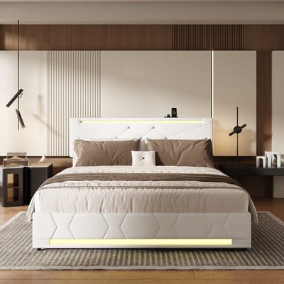 Opbergbed 140x200 cm beige linnen met hydraulische opbergruimte, LED-verlichting aan hoofd- en voeteneinde, USB-oplaadpunt en gestoffeerd tweepersoonsbed