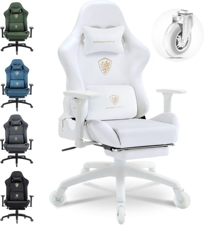Dowinx Ergonomische Gamingstoel – Verstelbaar Massage-Lendenkussen – Microvezel Velours – Dik Zitkussen – Uitschuifbare Voetensteun – Verstelbare Armleuningen – 160° Verstelbare Rugleuning – Wit
