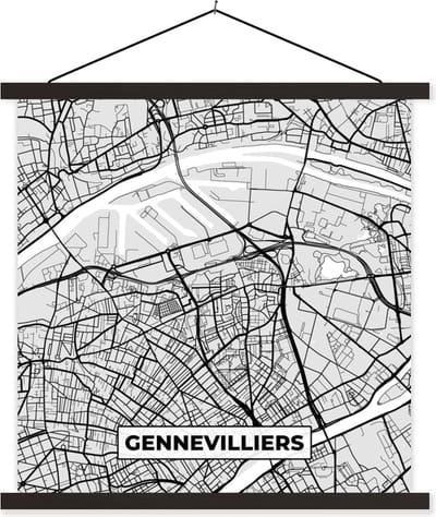 Posterhanger incl. Poster 60x60 cm - Schoolplaat - Plattegrond - Kaart - Stadskaart - Frankrijk - Gennevilliers - Textielposter - Zwarte latten - Stadskaart