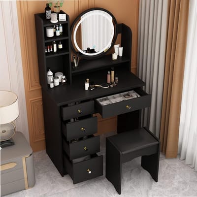 Make-uptafel met ledverlichting en 5 laden, kaptafel met 4 open vakken, kaptafel met ronde spiegel, make-uptafel, met kruk, make-uptafel, zwart, 80 x 40 x 135 cm (b x d x h)