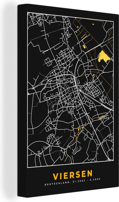 Canvas Schilderij Black and Gold – Stadskaart – Viersen – Duitsland – Plattegrond – Kaart - 20x30 cm - Wanddecoratie