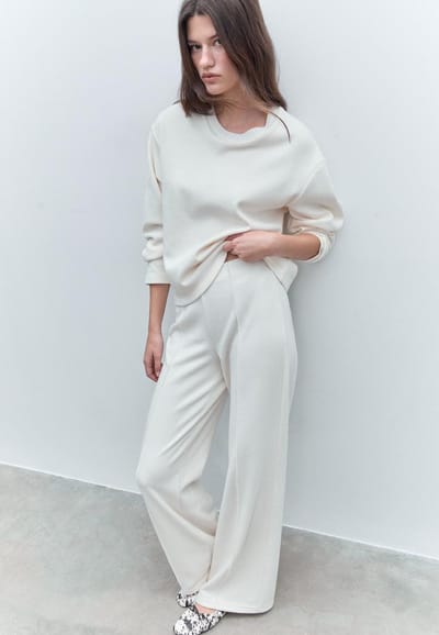 Stradivarius Broek met ribdetail van zachte stof  Ecru XS