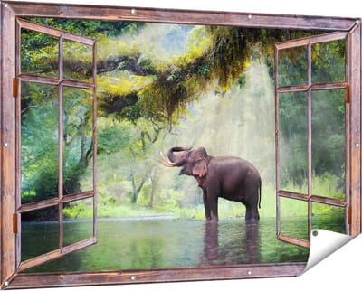Gards Tuinposter Doorkijk Vrolijke Olifant in het Water - 150x100 cm - Tuindoek - Tuindecoratie - Wanddecoratie buiten - Tuinschilderij