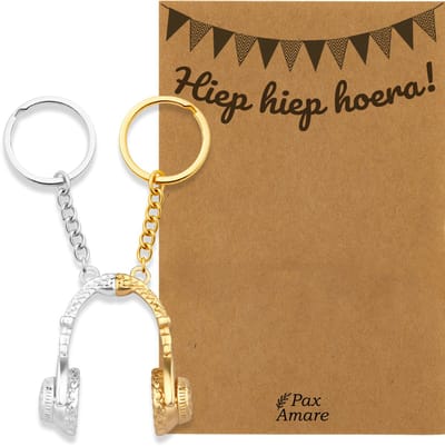 BFF Sleutelhanger voor 2 'Hiep Hiep Hoera' - Magnetische Koptelefoon - Sleutelhanger set op Cadeau Kaartje - Goudkleurig & Zilverkleurig - Verjaardags Hanger - Pax Amare