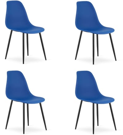Set van 4 Stoelen WAT – Blauw, Zwarte Metalen Poten, Kunststof Zitting – Modern en Ergonomisch – Geschikt voor Eetkamer, Woonkamer, Keuken, Thuiswerkplek, Kantine en Wachtruimte – Eenvoudige Montage