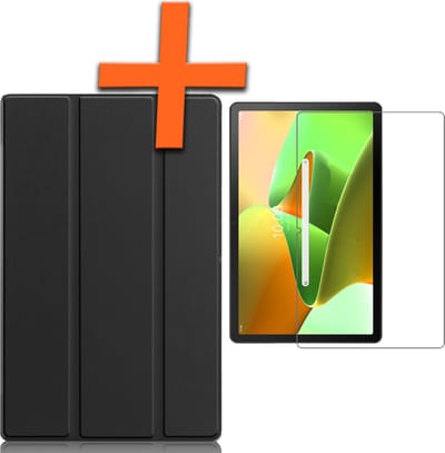 Hoesje - Geschikt voor Lenovo Tab M10 Plus (3e / 3rd Generatie) - Met Screenprotector - Trifold Bookcase - Hard Cover - Hardcover Book Case - Tablet Hoes - Zwart