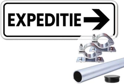 Bord expeditie pijl rechts - Weerbestendig Aluminium - 40x15 cm - Bevestiging: Met paal 120 cm + paalbeugels + paaldop