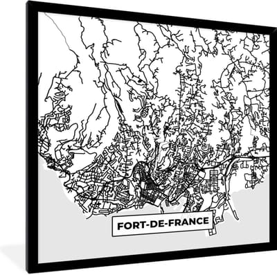 Fotolijst incl. Poster Zwart Wit- Frankrijk Fort-de-France - Plattegrond - Stadskaart - Kaart - Zwart wit - 40x40 cm - Posterlijst