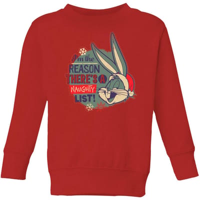 Looney Tunes I'm The Reason There Is A Naughty List Kids' Christmas Jumper - Red - 98/104 (3-4 jaar)