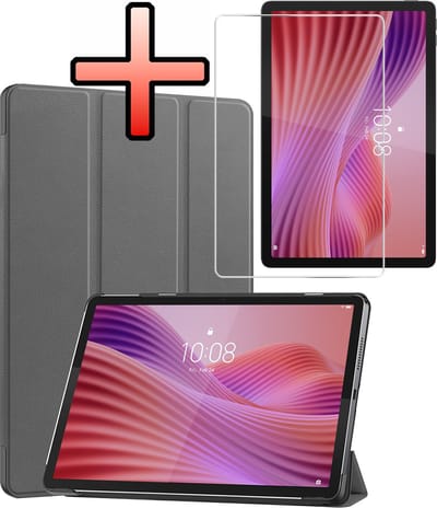 Hoes - Geschikt voor Lenovo Tab 10.1 inch - Met Screenprotector - Trifold Bookcase - Hard Cover - Hardcover Book Case - Tablet Hoesje - Grijs