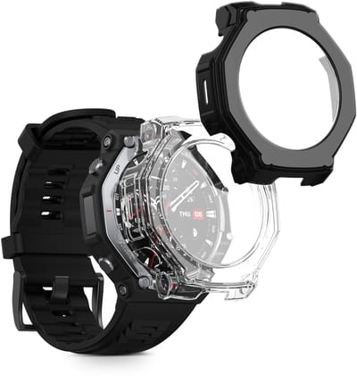 kwmobile 2x cover geschikt voor Amazfit T-Rex3 Pro 48mm - Fitnesstracker cover van gehard glas en kunststof frame set transparant / zwart