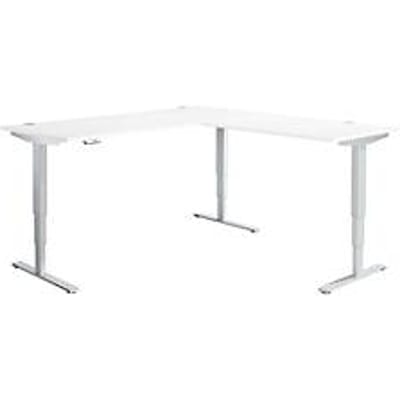AERO FLEX hoekbureau, elektrisch in hoogte verstelbaar, hoek 90°, T-voet, B 2000 x D 2000 mm, aluminium wit/wit + memorypaneel