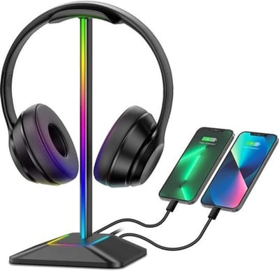 Intelectro Headset Stand - Schitterende Verlichting voor je Setup! - 2 USB Aansluitingen voor het Opladen van Apparaten - Plug & Play - Antislip Pads - TPU Rubberen Gedeelte om Krassen te Voorkomen - Zwart - Levering Sneller dan Aangegeven!