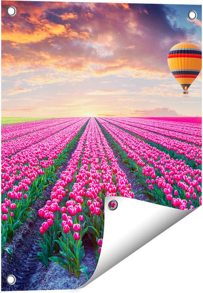 Gards Tuinposter Bloemenveld met Roze Tulpen - Luchtballon - 40x50 cm - Tuindoek - Tuindecoratie - Wanddecoratie buiten - Tuinschilderij